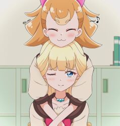 Rule 34 | :3, bead necklace, beads, blue eyes, blush, book, bookend, bow, brown hair, closed eyes, commentary request, desk, hair bow, hug, hug from behind, inukai komugi, jewelry, locker, musical note, necklace, nekoyashiki yuki, one eye closed, precure, s island racing, school uniform, signature, sitting, spoken musical note, twitter username, wonderful precure!