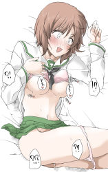 Rule 34 | !?, 1girl, ?, ?!?, ??, bed, blush, bra, bra lift, breasts, brown hair, censored, censored by text, censored nipples, clothes lift, collarbone, convenient censoring, elf (stroll in the woods), girls und panzer, highres, lying, medium breasts, navel, nishizumi miho, on bed, on side, ooarai school uniform, open mouth, panties, panty pull, pink bra, pink panties, school uniform, shirt lift, short hair, skirt, solo, speech bubble, surprised, sweat, underwear