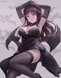 Rule 34 | 1girl, :d, armpits, arms behind head, arms up, artist name, bad id, bad pixiv id, bat (animal), black dress, black hair, black headwear, black legwear, black wings, blurry, blurry background, breasts, chowbie, cleavage, depth of field, detached collar, detached sleeves, dress, grey background, leg up, long hair, long sleeves, looking away, looking down, medium breasts, open mouth, original, parted bangs, purple eyes, resolution mismatch, smile, solo, source larger, standing, standing on one leg, strapless, strapless dress, thighs, wings