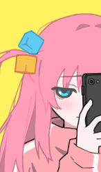 Rule 34 | 1girl, blue eyes, blush, bocchi the rock!, cellphone, chinese commentary, closed mouth, commentary request, covering one eye, cube hair ornament, furrowed brow, gotoh hitori, hair bobbles, hair ornament, half-closed eyes, hand up, high collar, highres, holding, holding phone, jacket, long hair, long sleeves, looking at viewer, lurenjia, messy hair, phone, pink hair, pink jacket, portrait, raised eyebrows, simple background, smartphone, solo, straight-on, variant set, yellow background