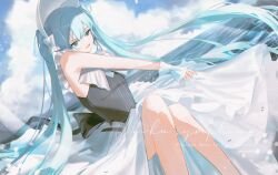 Rule 34 | 1girl, absurdres, aqua eyes, aqua hair, black dress, bow, bowtie, character name, cloud, cloudy sky, commentary request, day, dress, hatsune miku, highres, horizon, long hair, long skirt, looking at viewer, mysoda, ocean, open mouth, outdoors, skirt, sky, solo, strapless, strapless dress, twintails, very long hair, vocaloid, white bow, white bowtie, white skirt