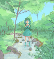 Rule 34 | 1girl, female focus, forest, full body, kawashiro nitori, mokeo, nature, outdoors, sky, solo, stream, touhou, two side up, water