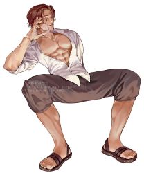 Rule 34 | 1boy, abs, beard, brown pants, closed eyes, dm 0820, dress shirt, facial hair, hand on own face, highres, invisible chair, male focus, muscular, muscular male, one piece, pants, partially unbuttoned, pectoral cleavage, pectorals, red hair, sandals, scar, scar across eye, scar on face, shanks (one piece), shirt, short hair, sitting, white background, white shirt