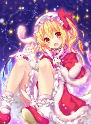 Rule 34 | 1girl, :d, blonde hair, bobby socks, rabbit, capelet, choker, fang, flandre scarlet, fur trim, hat, looking at viewer, mary janes, open mouth, plaid, red eyes, ribbon, riichu, shoes, short hair, side ponytail, sitting, smile, socks, solo, touhou, wings