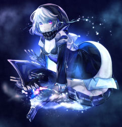 Rule 34 | 10s, 1girl, abyssal ship, backpack, bag, breasts, cannon, cleavage, fuji minako, glowing, glowing eyes, grin, hood, kantai collection, long sleeves, pale skin, pink eyes, re-class battleship, scarf, short hair, silver hair, small breasts, smile, solo, tail, turret
