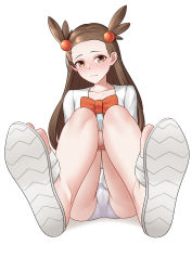 Rule 34 | 1girl, absurdres, blush, bow, brown hair, cameltoe, closed mouth, collarbone, commentary request, commission, creatures (company), frown, full body, game freak, grey panties, hair bobbles, hair ornament, highres, jasmine (pokemon), leg hold, long hair, looking at viewer, nintendo, oirin, orange bow, panties, pixiv commission, pokemon, pokemon hgss, sandals, shoe soles, simple background, solo, toes, two side up, underwear, white background, yellow eyes