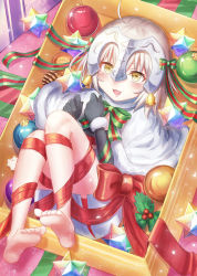 Rule 34 | 1girl, ahoge, bad id, bad pixiv id, barefoot, bell, black gloves, blonde hair, blush, bow, christmas, elbow gloves, fate/grand order, fate (series), feet, gloves, headpiece, highres, jeanne d&#039;arc (fate), jeanne d&#039;arc alter santa lily (fate), lying, on back, open mouth, red bow, red ribbon, revision, ribbon, seungju lee, small stellated dodecahedron, smile, solo, yellow eyes