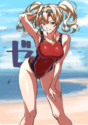 Rule 34 | 1girl, bare arms, bare shoulders, beach, blonde hair, blue eyes, braid, breasts, competition swimsuit, goggles, goggles on head, granblue fantasy, hand up, large breasts, leaning forward, looking at viewer, ocean, one-piece swimsuit, outdoors, red one-piece swimsuit, sand, smile, solo, standing, swimsuit, twintails, ulrich (tagaragakuin), zeta (granblue fantasy)