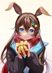 Rule 34 | 1girl, absurdres, amiya (arknights), animal ear fluff, animal ears, arknights, black coat, blue eyes, blush, bow, box, brown hair, christmas tree hair ornament, closed mouth, coat, commentary request, gift, gift box, hair between eyes, hair ornament, highres, holding, holding gift, long hair, long sleeves, looking at viewer, open clothes, open coat, print scarf, rabbit ears, red scarf, scarf, simple background, smile, snowflake print, solo, star (symbol), star hair ornament, upper body, very long hair, white background, yellow bow