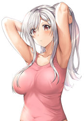 Rule 34 | 1girl, aldehyde, armpits, arms behind head, arms up, bare arms, bare shoulders, breasts, brown eyes, collarbone, commentary request, covered navel, hair ornament, hairclip, highres, large breasts, long hair, looking at viewer, neeko (aldehyde), neeko wa tsurai yo, pink shirt, shirt, silver hair, simple background, sleeveless, sleeveless shirt, solo, upper body, white background