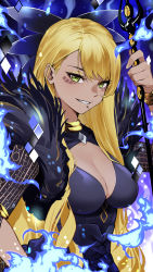 Rule 34 | 1girl, absurdres, armlet, black dress, blonde hair, blue fire, bracelet, breasts, brown eyes, cleavage cutout, clothing cutout, dark-skinned female, dark skin, dragon girl, dragon horns, dress, facial mark, fate/grand order, fate (series), fire, grin, highres, horns, jewelry, large breasts, long hair, long sleeves, looking at viewer, neck ring, polearm, sharp teeth, smile, solo, spear, swept bangs, teeth, tochi keisuke, veil, vritra (fate), weapon