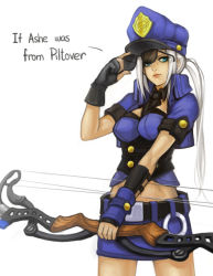 Rule 34 | 1girl, ashe (league of legends), blue eyes, bow (weapon), eyepatch, league of legends, long hair, midriff, police, police uniform, silver hair, solo, sunglasses, sunglasses removed, uniform, vmat, weapon