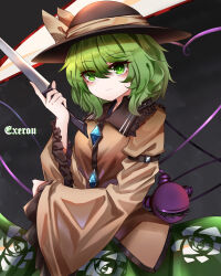 Rule 34 | 1girl, absurdres, black background, black hat, chinese commentary, closed mouth, commentary, english commentary, floral print, green eyes, green hair, green skirt, hat, hat ribbon, heart, heart of string, highres, holding, holding knife, knife, komeiji koishi, long sleeves, looking at viewer, mixed-language commentary, ribbon, rose print, shirt, short hair, simple background, skirt, solo, third eye, top-exerou, touhou, variant set, yellow ribbon, yellow shirt