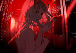 Rule 34 | 1girl, absurdres, back, bare shoulders, bob cut, clenched hands, color filter, commentary, door, english commentary, from side, head tilt, highres, indoors, light rays, looking at viewer, medium hair, nude, numata zombie, original, parted bangs, parted lips, portrait, red eyes, sidelocks, solo, window