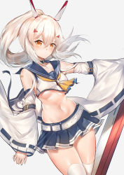 Rule 34 | 1girl, absurdres, arm at side, ascot, ayanami (azur lane), azur lane, bandaid, bandaid on arm, bare shoulders, belt, blue choker, blue sailor collar, blue skirt, blush, breasts, choker, closed mouth, collarbone, crop top, detached sleeves, dutch angle, expressionless, floating hair, gradient background, grey background, groin, hair between eyes, head tilt, headgear, high ponytail, highres, horz, legs together, long hair, long sleeves, looking at viewer, midriff, miniskirt, navel, orange eyes, outstretched arm, pleated skirt, ponytail, remodel (azur lane), ribbon-trimmed sleeves, ribbon trim, sailor collar, school uniform, serafuku, shiny skin, shirt, sidelocks, skirt, sleeveless, sleeveless shirt, small breasts, solo, standing, stomach, thighhighs, thighs, underboob, white background, white belt, white hair, white shirt, white thighhighs, wide sleeves, yellow ascot