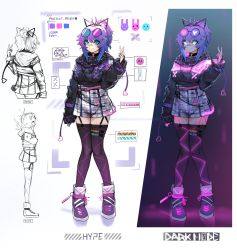 Rule 34 | 1girl, absurdres, aqua eyes, blue hair, character sheet, ehrrr, eyewear on head, full body, glasses, glowing, glowing eyes, hair ribbon, highres, indie virtual youtuber, jacket, melody (projektmelody), melody (projektmelody) (mel&#039;s hype), multicolored hair, multiple views, nail polish, official alternate costume, ponytail, purple hair, ribbon, second-party source, skirt, standing, thighhighs, virtual youtuber