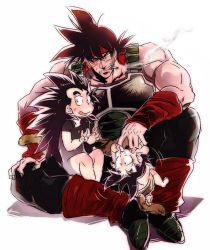Rule 34 | armor, artist request, baby, bardock, black hair, blush, child, cigarette, clenched teeth, dragon ball, dragonball z, embarrassed, eyebrows, family, father and son, looking at viewer, male focus, multiple boys, muscular, raditz, sitting, smoke, smoking, son goku, spiked hair, sweatdrop, tail, teeth, thick eyebrows, v, aged down