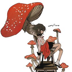 Rule 34 | 1girl, bim0ngsam0ng, black eyes, black skirt, brown hair, chair, closed mouth, clothes around waist, desk, empty eyes, expressionless, fly agaric, from side, giant mushroom, growing out of body, jacket, jacket around waist, long sleeves, looking ahead, mushroom, mycelium, on chair, original, profile, red jacket, school chair, school desk, shirt, signature, simple background, sitting, skirt, slippers, slouching, socks, solo, toeless footwear, white background, white shirt, white socks