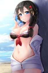 Rule 34 | 1girl, arm up, beach, bikini, black hair, blue eyes, blue sky, blush, bottle, braid, breasts, cleavage, closed mouth, cloud, cowboy shot, day, doyouwantto, hair between eyes, hair flaps, hair ornament, hair over shoulder, hairclip, holding, holding bottle, jacket, kantai collection, long hair, looking at viewer, medium breasts, navel, neckerchief, ribbon, sand, shigure (kancolle), shigure kai ni (kancolle), single braid, sky, smile, solo, standing, sweat, swimsuit, undressing, wall, water bottle, wet