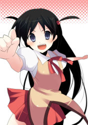 Rule 34 | 00s, 1girl, black hair, blouse, blue theme, blush, bow, bowtie, collared shirt, cowboy shot, foreshortening, halftone, kurohara yuu, long hair, miniskirt, parted bangs, puffy short sleeves, puffy sleeves, red bow, red bowtie, school rumble, school uniform, shirt, short sleeves, short twintails, skirt, solo, standing, tsukamoto tenma, twintails, two side up, v-shaped eyebrows, very long hair, white background, white shirt