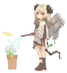 Rule 34 | 1girl, annoyed, arknights, bare legs, black dress, black footwear, blonde hair, cloak, closed mouth, dress, flamethrower, flower, from side, full body, hair between eyes, highres, holding, holding weapon, horns, ifrit (arknights), looking at viewer, looking to the side, low twintails, pencil dress, plant, rainbow, red eyes, shoes, short dress, short hair, simple background, soda (sod4), solo, thighs, twintails, v-shaped eyebrows, watering, weapon, white background, white cloak, white flower
