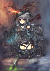 Rule 34 | 1girl, black hair, boots, breasts, brown eyes, cable, cleavage, dragon, elbow gloves, fire, gloves, glowing, glowing eyes, hand on own chest, headdress, highres, kneeling, long hair, mamuru, original, snake, solo, thigh boots, thighhighs, very long hair, weapon, wrench