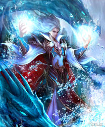 Rule 34 | blue eyes, cape, dragon, gold trim, hands up, highres, kei1115, long hair, magic, male focus, monster, official art, shingoku no valhalla gate, standing, water, water drop, watermark, white cape, white hair, wizard