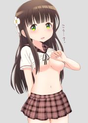 Rule 34 | 1girl, bad id, bad pixiv id, blouse, blunt bangs, blush, brown hair, brown sailor collar, brown skirt, clothes lift, commentary request, cowboy shot, flower, gochuumon wa usagi desu ka?, green eyes, grey background, hair flower, hair ornament, highres, lifted by self, long hair, looking at viewer, navel, no bra, nyaroon, open mouth, plaid, plaid sailor collar, plaid skirt, ribbon, sailor collar, school uniform, serafuku, shirt, shirt lift, simple background, skirt, solo, standing, stomach, sweat, translated, ujimatsu chiya, white flower, white ribbon, white shirt