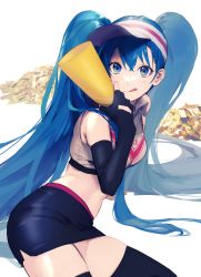 Rule 34 | 1girl, absurdres, aqua eyes, aqua hair, asuna (i luv), black skirt, black thighhighs, fingerless gloves, gloves, hatsune miku, highres, licking lips, looking at viewer, skindentation, skirt, smile, solo, swimsuit, thighhighs, tongue, tongue out, twintails, visor cap, vocaloid