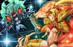 Rule 34 | 2girls, abs, adapted costume, alternate form, arm cannon, black hair, black sclera, blonde hair, blue eyes, blue skin, breasts, cleavage, colored sclera, colored skin, dark samus, dual wielding, evil smile, fangs, hakuramen, high ponytail, highres, holding, kill la kill, looking at another, medium breasts, metroid, mole, mole under mouth, multicolored hair, multiple girls, nintendo, parody, ponytail, red hair, revealing clothes, samus aran, smile, suspenders, sword, toned, two-tone hair, weapon