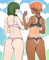 Rule 34 | 2girls, ass, bad id, bad twitter id, bare arms, bare shoulders, black bra, blue background, blush, bra, breasts, closed mouth, food print, from behind, green eyes, green hair, hair over shoulder, hair tie, heart, heart background, holding hands, interlocked fingers, kuzukago (bitchmaker), large breasts, long hair, looking at viewer, looking back, multiple girls, one-piece tan, orange eyes, orange hair, original, panties, pink bra, print bra, print panties, short hair, smile, sports bra, standing, strawberry print, tan, tanline, thong, underwear