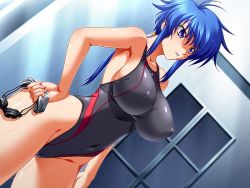 Rule 34 | 1girl, antenna hair, armpits, bishop (company), black one-piece swimsuit, blue eyes, blue hair, breasts, competition swimsuit, covered erect nipples, covered navel, cowboy shot, dutch angle, female focus, flipped hair, game cg, goggles, unworn goggles, hand on own hip, unworn headwear, highleg, highleg swimsuit, holding, impossible clothes, impossible swimsuit, kagami hirotaka, kiryuu kaede, kyouiku shidou, large breasts, light rays, long hair, looking afar, low ponytail, matching hair/eyes, one-piece swimsuit, parted lips, ponytail, purple eyes, shiny clothes, sideboob, sidelocks, skin tight, solo, standing, sunbeam, sunlight, swim cap, swimsuit, wet, window
