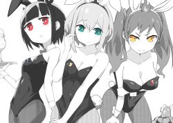 Rule 34 | 3girls, aimusu, amano pikamee, animal ears, annoyed, bird, black hairband, bow, bowtie, breasts, cleavage, detached collar, embarrassed, fake animal ears, fire, fishnets, fire, gyari (bird), hair behind ear, hairband, head tilt, highres, hikasa tomoshika, holding, holding tray, jitomi monoe, laughing, leaning forward, leotard, looking at viewer, looking down, looking to the side, medium breasts, monochrome, multiple girls, pantyhose, playboy bunny, rabbit ears, rabbit tail, small breasts, spot color, tail, tray, virtual youtuber, voms, wrist cuffs