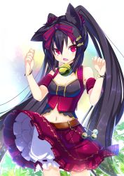 Rule 34 | 1girl, animal ears, bad id, bad pixiv id, bell, black hair, cat ears, chestnut mouth, hair ornament, hairclip, long hair, looking at viewer, navel, nyori, original, paw pose, red eyes, solo, twintails, very long hair