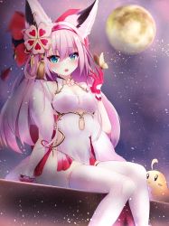 Rule 34 | 1girl, akiyama neo, animal ears, azur lane, bare shoulders, breasts, bug, butterfly, butterfly on hand, china dress, chinese clothes, cleavage, clothing cutout, dress, feather boa, flower, full moon, gloves, gold trim, green eyes, hair flower, hair ornament, hairband, hanazuki (azur lane), hanazuki (blossoming spring resplendent moon) (azur lane), highres, insect, manjuu (azur lane), medium breasts, moon, night, official alternate costume, pelvic curtain, pink gloves, pink hair, pink hairband, sitting, sleeveless, sleeveless dress, solo, thighhighs, white thighhighs, yellow butterfly