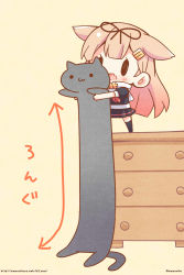 Rule 34 | 1girl, animal, arrow (symbol), black ribbon, black shirt, black skirt, black thighhighs, blush, brown background, cat, chest of drawers, chibi, commentary request, fang, hair flaps, hair ornament, hair ribbon, hairclip, highres, holding, holding animal, kantai collection, light brown hair, long hair, longcat (meme), meme, mini person, minigirl, momoniku (taretare-13), open mouth, ribbon, scarf, shirt, simple background, skirt, solid circle eyes, solid oval eyes, solo, standing, thighhighs, twitter username, very long hair, watermark, web address, white scarf, yuudachi (kancolle)