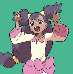 Rule 34 | 1girl, arms up, bow, bright pupils, brown eyes, collarbone, commentary request, creatures (company), eyelashes, floating hair, game freak, green background, hair tie, holding, holding poke ball, iris (pokemon), long hair, nintendo, oomura yuusuke, open mouth, poke ball, poke ball (basic), pokemon, pokemon bw, purple hair, simple background, solo, teeth, tongue, two side up, upper teeth only, white pupils