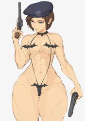 Rule 34 | 1girl, abs, batkini, blue eyes, brown hair, capcom, groin, gun, halloween dare succubus lingerie, hat, highres, jill valentine, muscular, muscular female, police hat, pubic hair, resident evil, revealing clothes, short hair, simple background, slingshot swimsuit, swimsuit, twitter, weapon, yoracrab