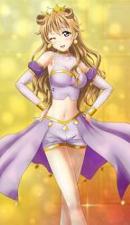 Rule 34 | 1girl, ;), artist name, artist request, bare legs, blush, bracelet, breasts, brown hair, butterfly (love live!), choker, cleavage, clothing cutout, collarbone, cropped shirt, crown, detached sleeves, double bun, dress, dress shirt, earrings, female focus, gold bracelet, hair between eyes, hair bun, hair rings, hands on own hips, harem outfit, jewelry, konoe kanata, long hair, looking at viewer, love live!, love live! nijigasaki high school idol club, love live! school idol festival, medium breasts, navel, one eye closed, parted lips, puffy short sleeves, puffy sleeves, purple eyes, purple shirt, purple shorts, purple sleeves, shirt, short sleeves, shorts, shoulder cutout, smile, solo, two side up, wink, yellow bracelet, yellow choker