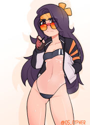 Rule 34 | 1girl, black one-piece swimsuit, blush, breasts, brown eyes, cypher 05, drop shadow, embarrassed, fingerless gloves, genderswap, genderswap (mtf), gloves, gluteal fold, gradient background, gris swimsuit, headband, highres, jacket, long hair, meme attire, one-piece swimsuit, open clothes, open jacket, original, popped collar, purple hair, see-through, simple background, small breasts, solo, standing, stomach, sunglasses, swimsuit, swimsuit under clothes, thighs, toothpick, twitter username, very long hair, wavy hair, wavy mouth, wet, white background, yellow headband