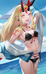 Rule 34 | 1girl, bare shoulders, bikini, black bikini, blazpu, blonde hair, blue kimono, blue sky, breasts, collarbone, earrings, facial mark, fate/grand order, fate (series), forehead, forehead mark, hair pulled back, highres, horns, ibaraki douji (fate), ibaraki douji (fate/grand order), ibaraki douji (swimsuit lancer) (fate), ibaraki douji (swimsuit lancer) (first ascension) (fate), japanese clothes, jewelry, kimono, lance, long hair, looking at viewer, navel, oni, oni horns, open mouth, pointy ears, polearm, sky, small breasts, smile, solo, swimsuit, tattoo, thighs, weapon, yellow eyes