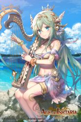 Rule 34 | 1girl, age of ishtaria, bare shoulders, beach, blue eyes, bracelet, breasts, cleavage, company name, copyright name, copyright notice, day, green hair, harp, instrument, jewelry, kikugetsu, long hair, low twintails, midriff, navel, official art, rock, shell, siren (age of ishtaria), sitting, sky, solo, star (symbol), tattoo, twintails, water