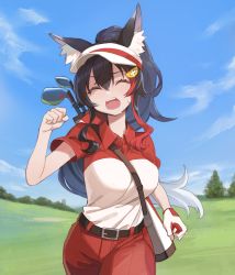 Rule 34 | 1girl, alternate costume, animal ears, belt, belt buckle, between breasts, black hair, blue sky, breasts, buckle, clenched hands, collared shirt, day, closed eyes, fangs, gloves, golf, golf bag, golf club, golf course, grass, hair ornament, hairclip, highres, hololive, large breasts, long hair, multicolored hair, ookami mio, pants, ponytail, red pants, red shirt, running, running towards viewer, shirt, short sleeves, single glove, sky, solo, strap, strap between breasts, streaked hair, sweat, teeth, tree, tugo, two-tone shirt, upper teeth only, v-shaped eyebrows, very long hair, virtual youtuber, white shirt, wolf ears, wolf girl