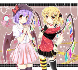 Rule 34 | 2girls, alternate costume, asymmetrical legwear, bat wings, black gloves, black legwear, blonde hair, bow, bracelet, casual, caution tape, chain, collar, contemporary, fingerless gloves, flandre scarlet, gloves, green nails, hair ornament, hair ribbon, hairclip, hand mirror, hat, hat bow, heart, highres, jewelry, looking at viewer, mirror, multiple girls, nail polish, open mouth, own hands together, pleated skirt, puffy short sleeves, puffy sleeves, purple hair, ramudia (lamyun), red eyes, remilia scarlet, ribbon, shirt, short sleeves, siblings, side ponytail, sisters, skirt, smile, spiked collar, spikes, star (symbol), striped clothes, striped legwear, striped thighhighs, thighhighs, touhou, uneven legwear, wings, zettai ryouiki