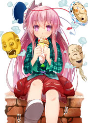 Rule 34 | 1girl, bubble skirt, closed mouth, crepe, eating, efe, eyebrows, food, food on face, fox mask, hair between eyes, hata no kokoro, long hair, long sleeves, looking at viewer, mask, messy, pink eyes, pink hair, plaid, plaid shirt, shirt, shoe soles, shoes, sidelocks, simple background, sitting, skirt, solo, touhou, very long hair, white footwear