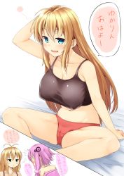 Rule 34 | 2girls, :&lt;, ahoge, antenna hair, arm up, bare arms, bare legs, bare shoulders, bed sheet, blonde hair, blue eyes, breasts, cameltoe, cleavage, collarbone, comic, covered erect nipples, crop top, hair ornament, hairpin, highres, jitome, large breasts, long hair, looking at viewer, minase nagi, multiple girls, navel, panties, parted lips, purple hair, red panties, shiny clothes, shiny skin, short hair with long locks, sidelocks, sitting, sleepy, speech bubble, spread legs, stomach, straight hair, sweatdrop, translated, triangle mouth, tsurumaki maki, underwear, underwear only, upper body, very long hair, voiceroid, yuzuki yukari