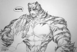 Rule 34 | 1boy, abs, animal ears, animal hands, arknights, bara, completely nude, english text, fingernails, fluffy, furry, furry male, furry with non-furry, greyscale, highres, interspecies, kangnotrier, large hands, large pectorals, looking at viewer, male focus, meme, monochrome, mountain (arknights), muscular, muscular male, nipples, nude, pectorals, pov, scar, scar across eye, scar on face, sharp fingernails, short hair, solo focus, stomach, tiger boy, tiger ears