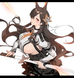 Rule 34 | 1girl, absurdres, animal ears, asymmetrical hair, azur lane, black skirt, braid, breast curtain, breasts, brown hair, buttons, chikuma (azur lane), commentary, cowboy shot, double-breasted, earrings, french braid, hair between eyes, hair ornament, highres, jewelry, katana, large breasts, letterboxed, long hair, looking at viewer, miniskirt, necktie, orange eyes, orange necktie, parted bangs, parted lips, pleated skirt, rabbit ears, rabbit tail, scabbard, sheath, shirt, shisantian, sideboob, simple background, single braid, sketch, skirt, smile, solo, sword, symbol-only commentary, tail, triangle earrings, unsheathing, weapon, white background, white shirt