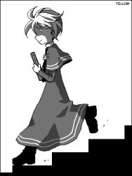 Rule 34 | 1girl, book, boots, character name, creatures (company), dress, game freak, greyscale, hat, lowres, monochrome, nintendo, pokemon, pokemon adventures, short hair, simple background, smile, solo, spot color, stairs, white background, yellow (pokemon), yellow eyes