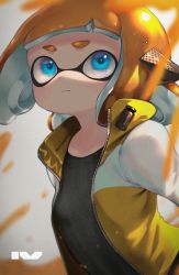 Rule 34 | 1girl, black shirt, blue eyes, blunt bangs, blush, breasts, closed mouth, domino mask, female focus, grey background, headgear, highres, inkling, inkling girl, inkling player character, jacket, kashu (hizake), light blush, long sleeves, looking up, mask, nintendo, open clothes, open jacket, orange hair, roman numeral, shirt, short hair, simple background, small breasts, solo, splatoon (series), splatoon 2, splatter, standing, tentacle hair, tentacles, upper body, yellow jacket, zipper